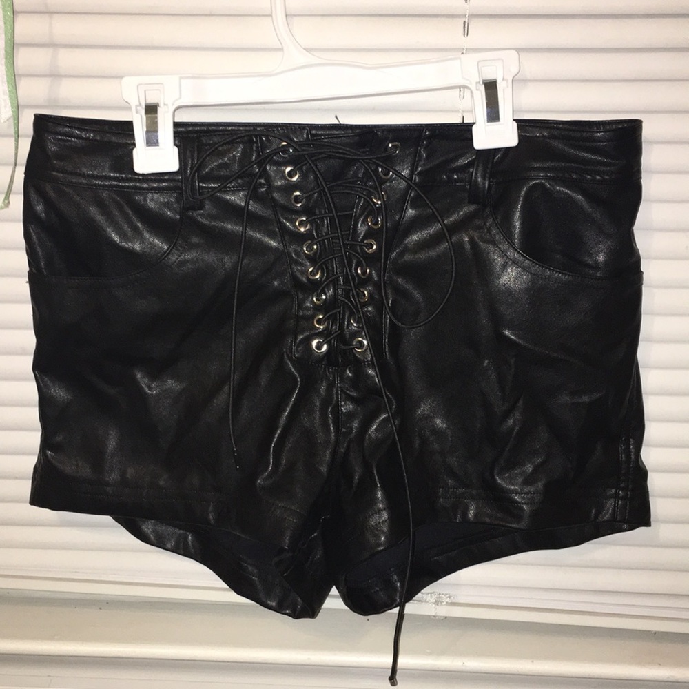 Black leather lace up shorts
